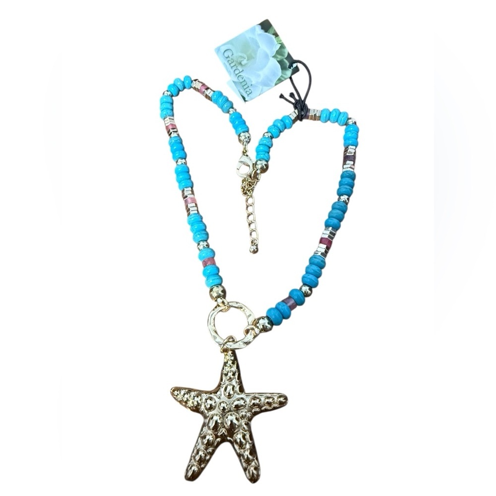 Turquoise Beach-Themed Necklace with Gold Accents - Picture 4 of 11